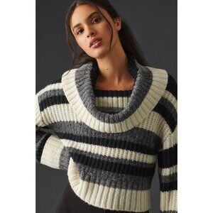 NWT Anthropologie Striped Turtleneck Sweater L Black White Wool-Blend